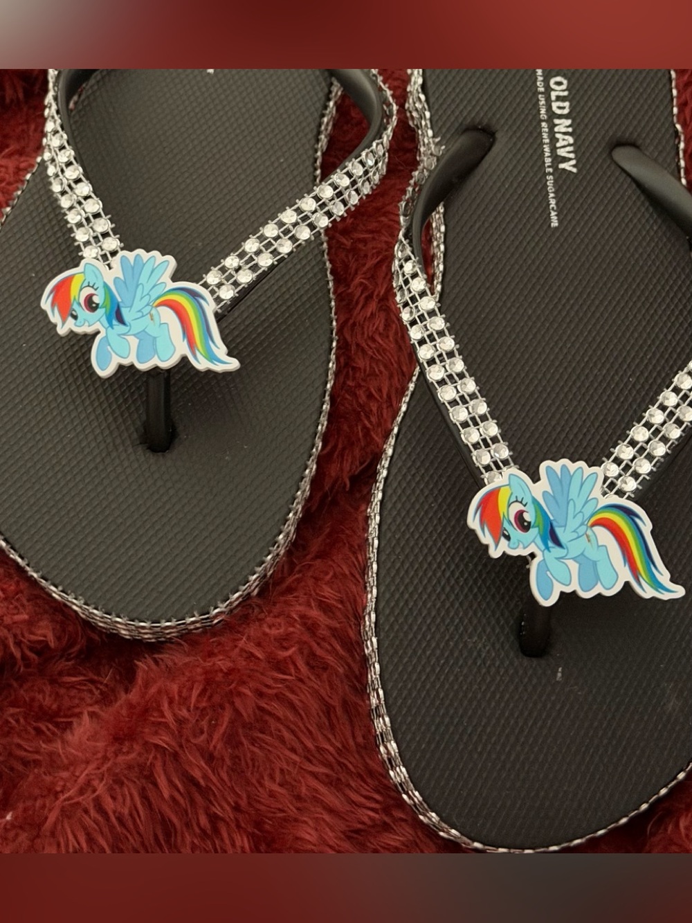 Black Rhinestone Flip Flops with Rainbow Pony Charm